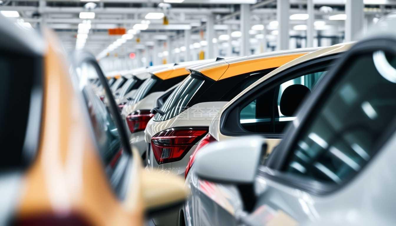 汽車(chē)在汽車(chē)工廠里排成一排